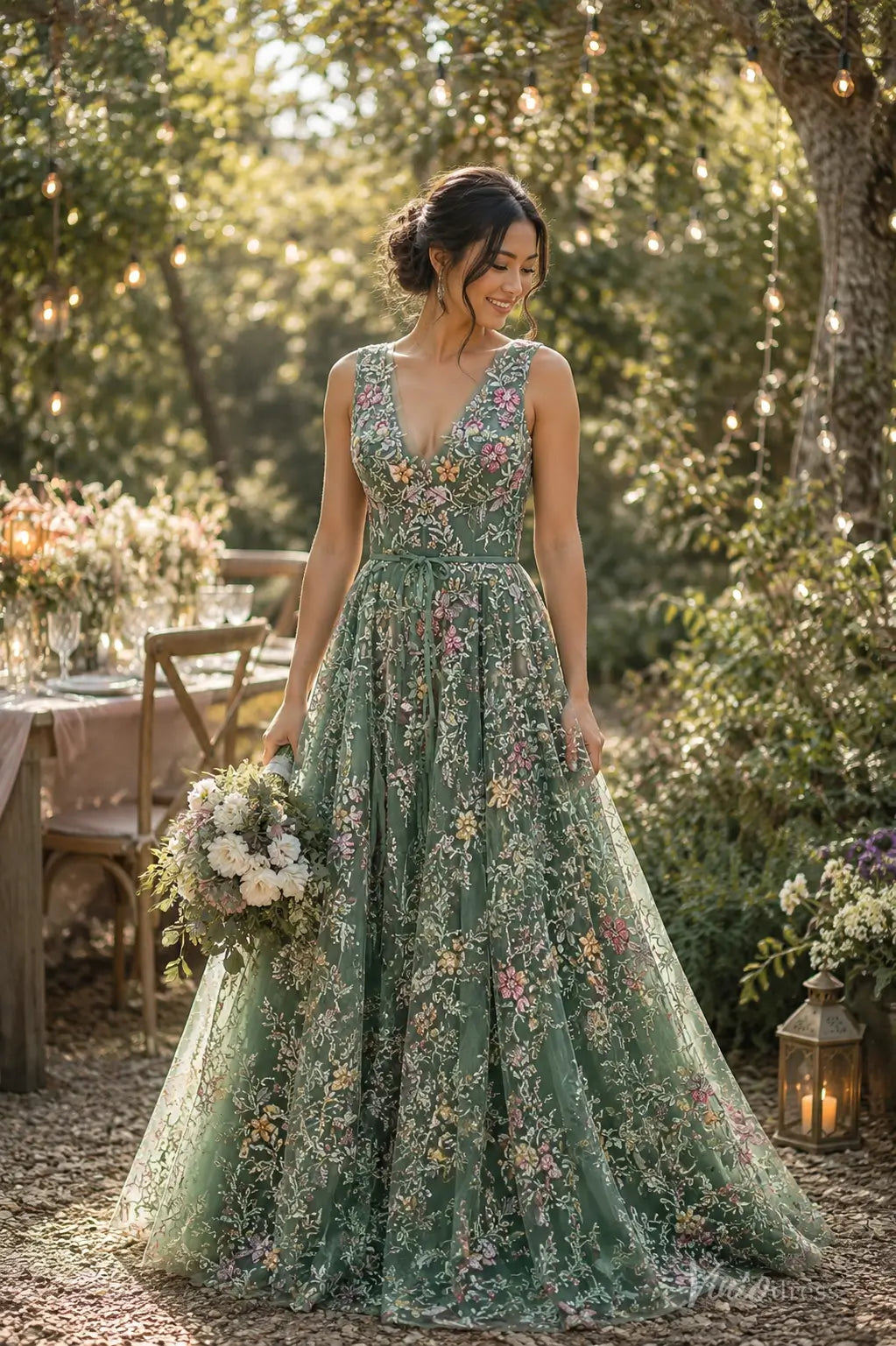Sleeveless A-line Sage Green Botanical Floral Wedding Dresses with V-Neck FW308