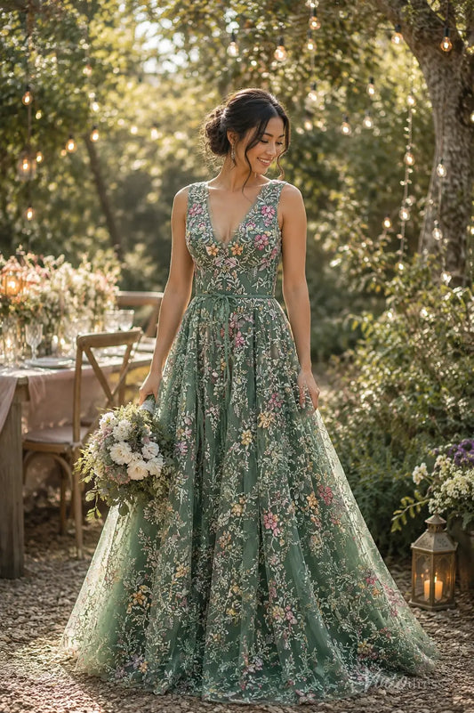 Sleeveless A-line Sage Green Botanical Floral Wedding Dresses with V-Neck FW308