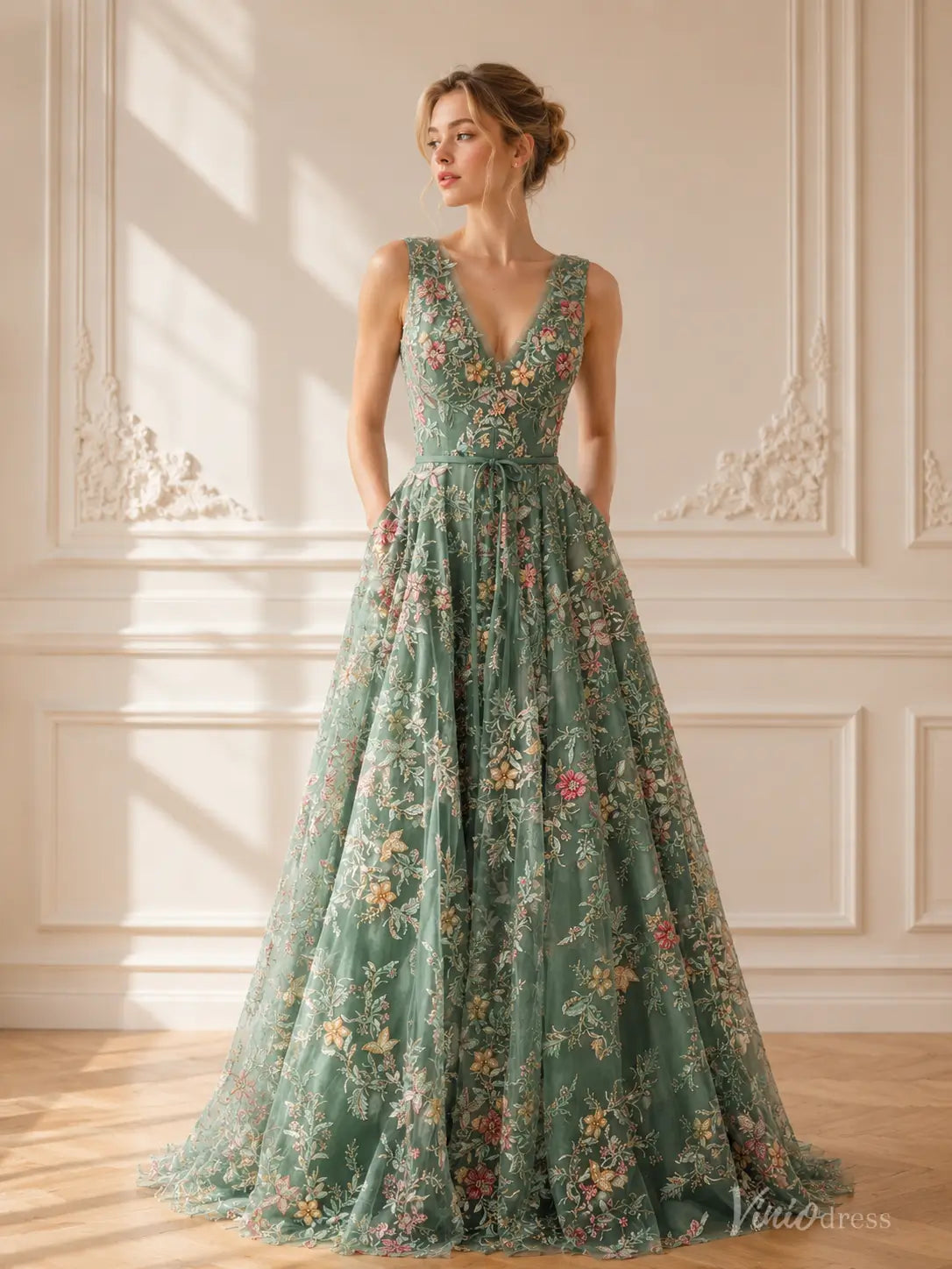 Sleeveless A-line Sage Green Botanical Floral Wedding Dresses with V-Neck FW308