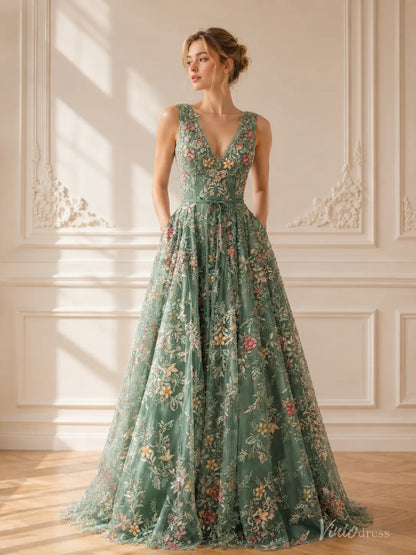 Sleeveless A-line Sage Green Botanical Floral Wedding Dresses with V-Neck FW308