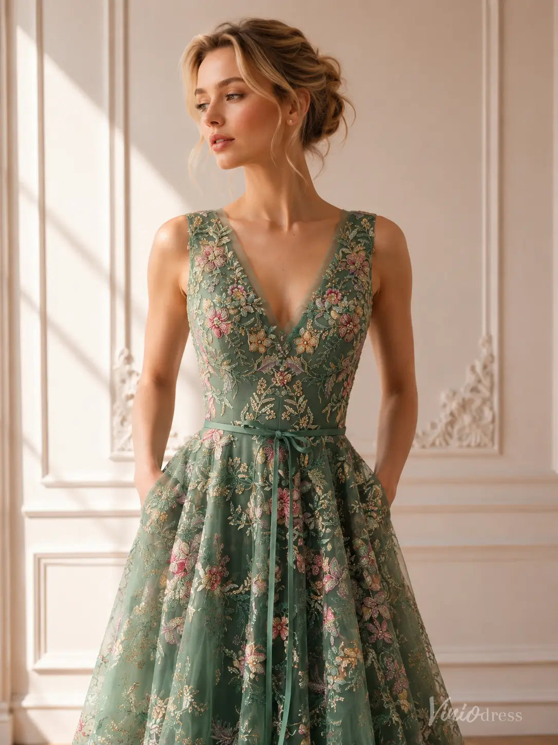 Sleeveless A-line Sage Green Botanical Floral Wedding Dresses with V-Neck FW308