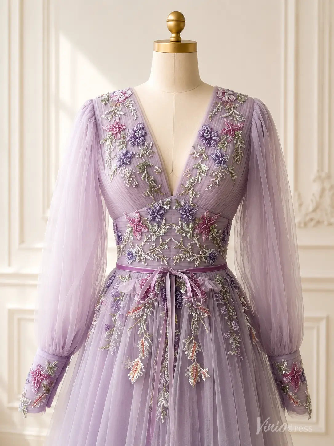 A-line Lavender Floral Wedding Dress with Long Puffed Sleeves and V-Neck FW309