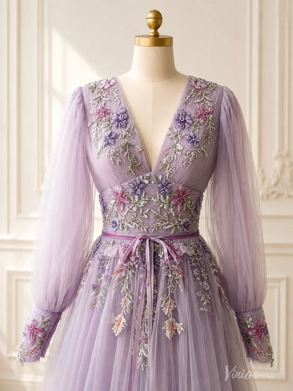 A-line Lavender Floral Wedding Dress with Long Puffed Sleeves and V-Neck FW309