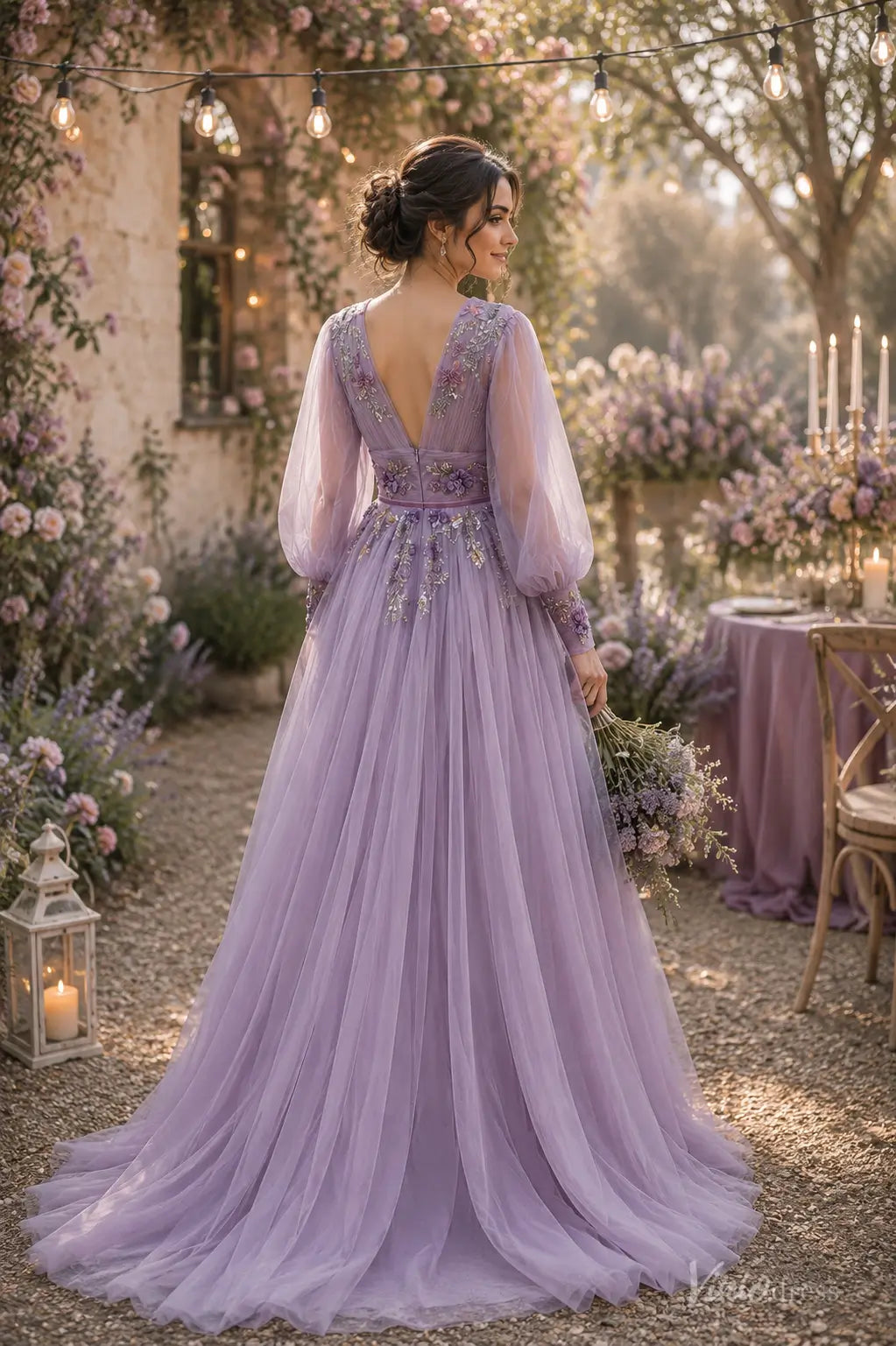 A-line Lavender Floral Wedding Dress with Long Puffed Sleeves and V-Neck FW309