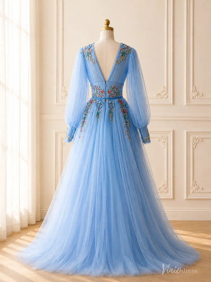 Light Blue Floral Embroidered Wedding Dress with Long Bishop Sleeves and V-Neck FW309
