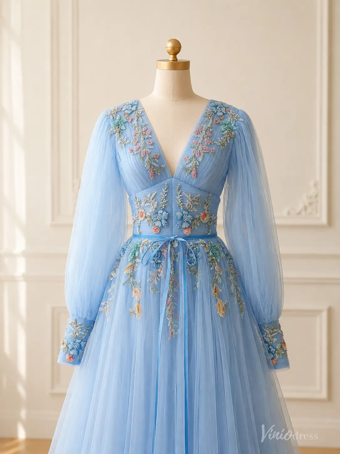 Light Blue Floral Embroidered Wedding Dress with Long Bishop Sleeves and V-Neck FW309