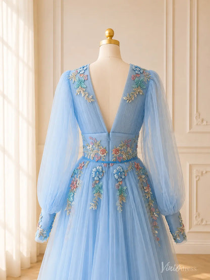 Light Blue Floral Embroidered Wedding Dress with Long Bishop Sleeves and V-Neck FW309