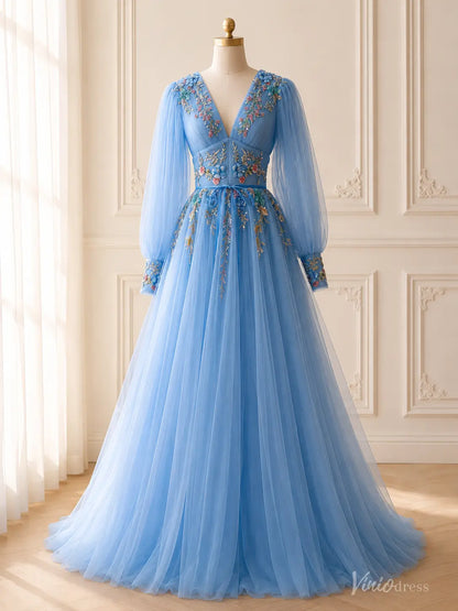 Light Blue Floral Embroidered Wedding Dress with Long Bishop Sleeves and V-Neck FW309