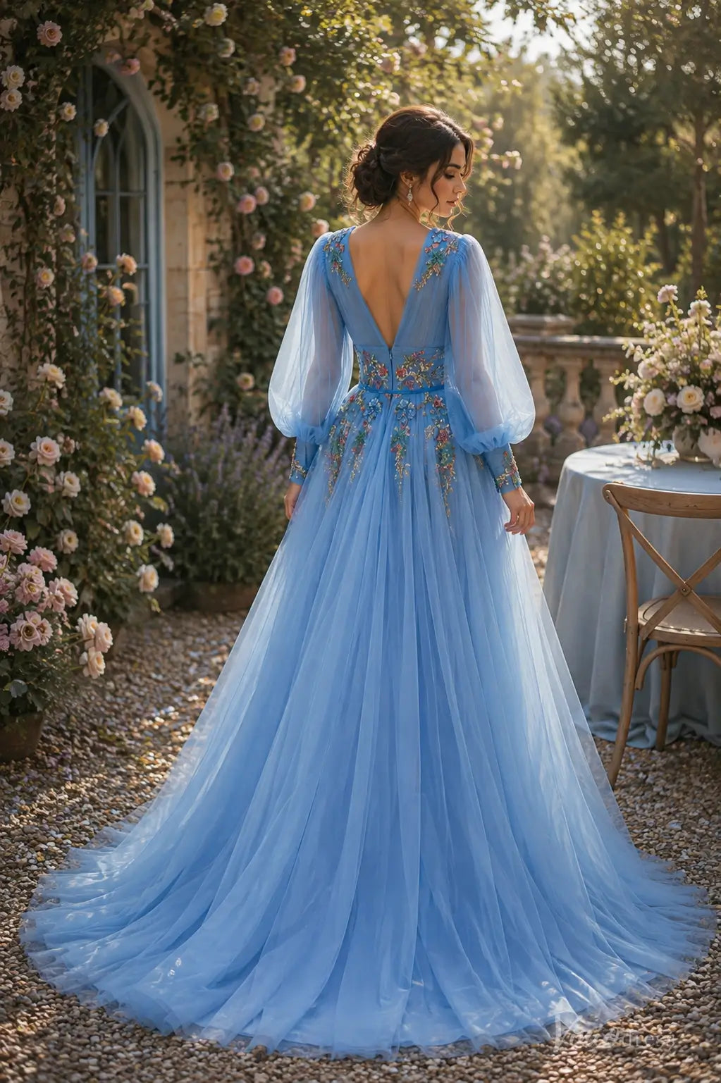 Light Blue Floral Embroidered Wedding Dress with Long Bishop Sleeves and V-Neck FW309