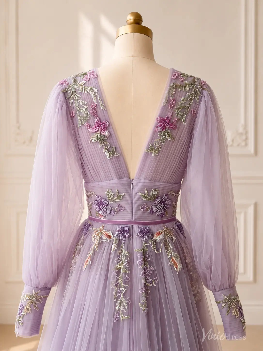 A-line Lavender Floral Wedding Dress with Long Puffed Sleeves and V-Neck FW309