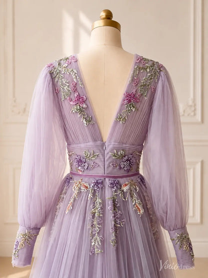A-line Lavender Floral Wedding Dress with Long Puffed Sleeves and V-Neck FW309