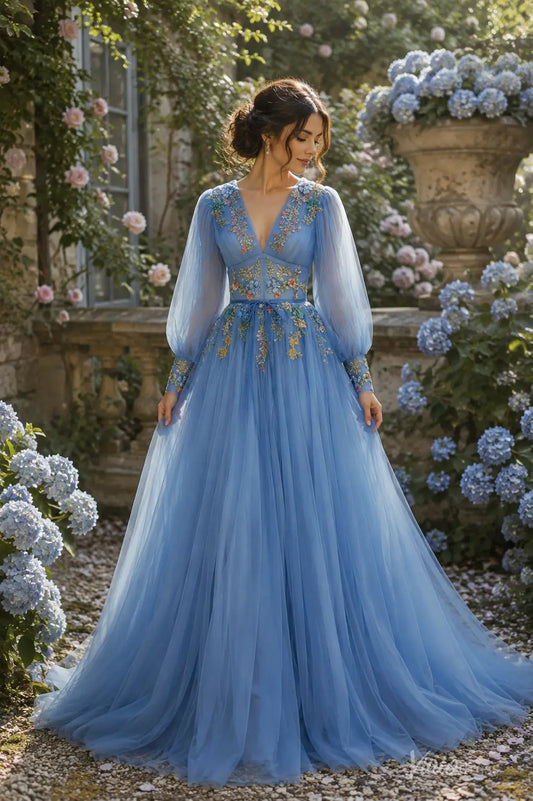 Light Blue Floral Embroidered Wedding Dress with Long Bishop Sleeves and V-Neck FW309