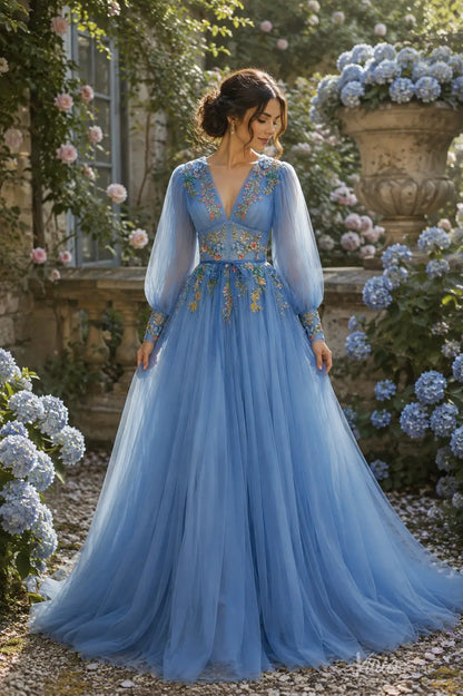 A-line Lavender Floral Wedding Dress with Long Puffed Sleeves and V-Neck FW309