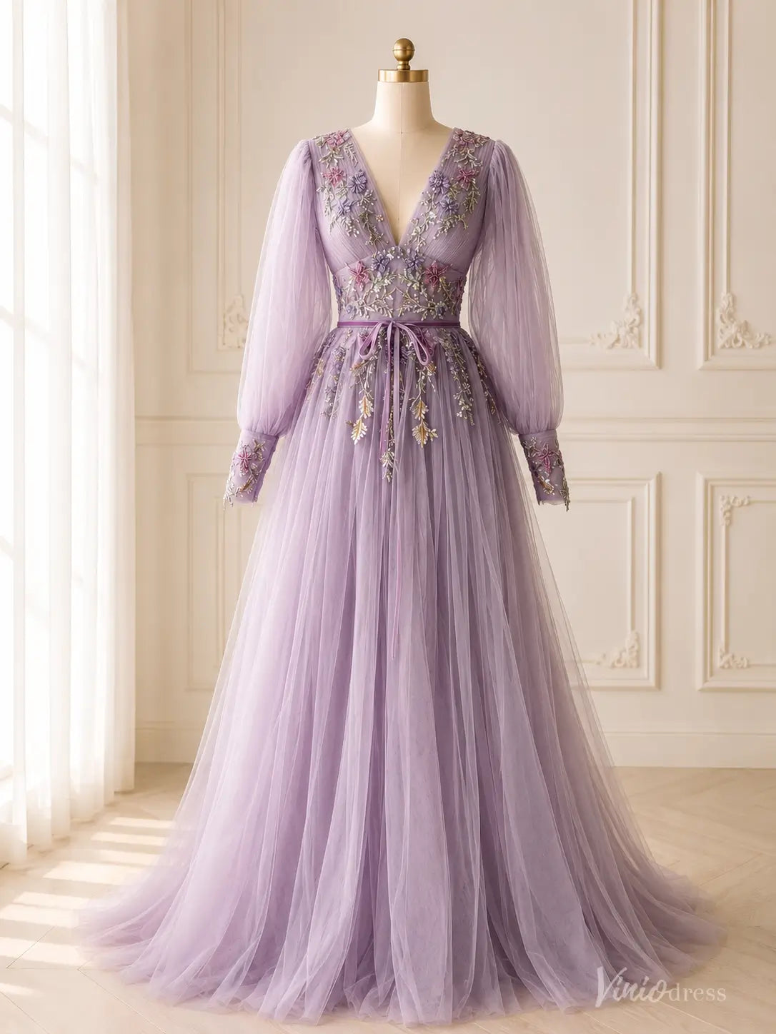 A-line Lavender Floral Wedding Dress with Long Puffed Sleeves and V-Neck FW309