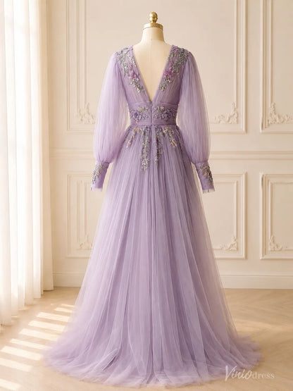 A-line Lavender Floral Wedding Dress with Long Puffed Sleeves and V-Neck FW309