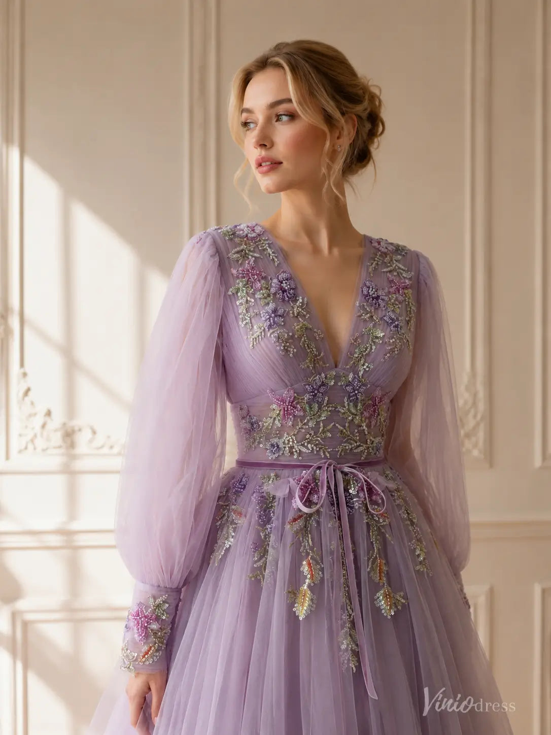 A-line Lavender Floral Wedding Dress with Long Puffed Sleeves and V-Neck FW309