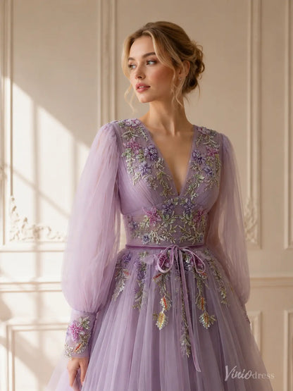 A-line Lavender Floral Wedding Dress with Long Puffed Sleeves and V-Neck FW309
