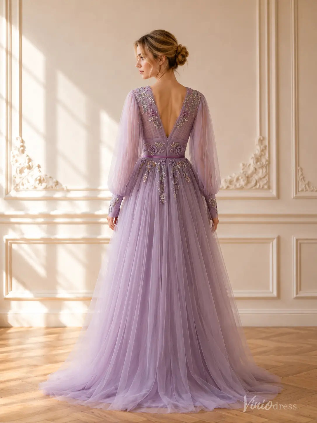 A-line Lavender Floral Wedding Dress with Long Puffed Sleeves and V-Neck FW309