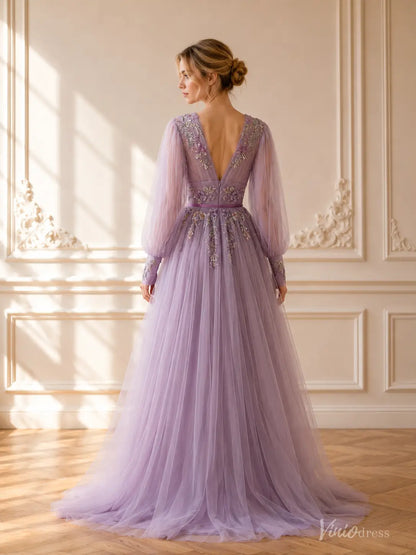 A-line Lavender Floral Wedding Dress with Long Puffed Sleeves and V-Neck FW309