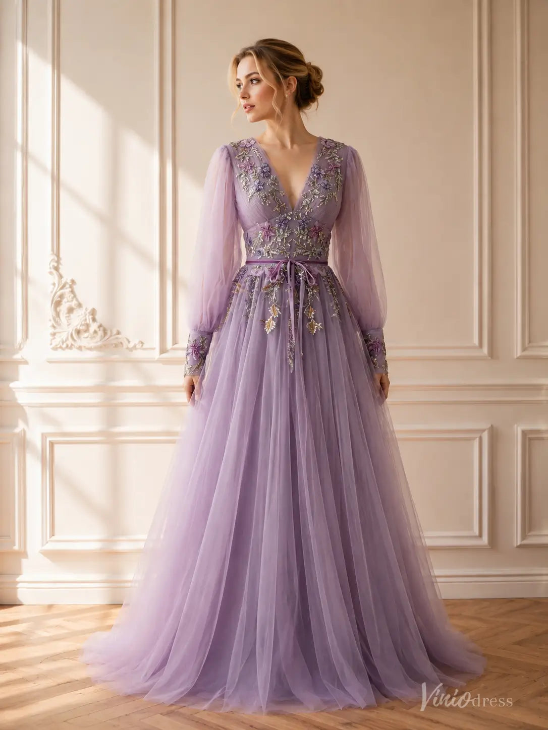 A-line Lavender Floral Wedding Dress with Long Puffed Sleeves and V-Neck FW309