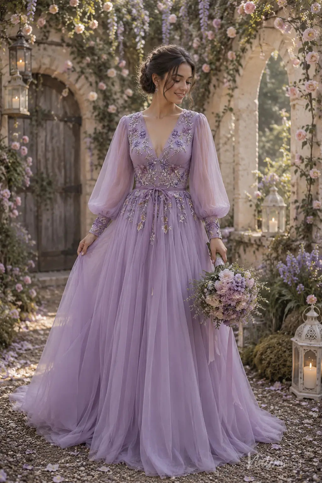 A-line Lavender Floral Wedding Dress with Long Puffed Sleeves and V-Neck FW309