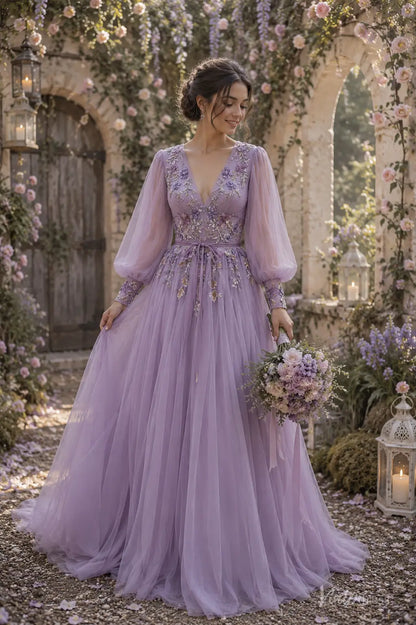 A-line Lavender Floral Wedding Dress with Long Puffed Sleeves and V-Neck FW309