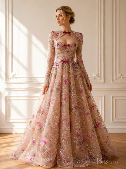 Fairy Blush Pink Floral Wedding Dress with Long Sleeves, Corset Back & Bows FW310