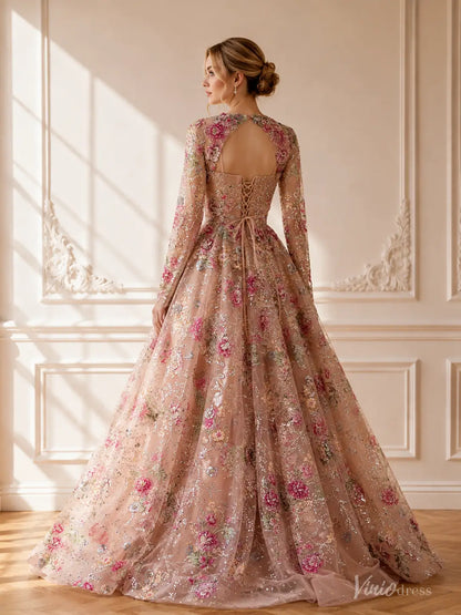 Fairy Blush Pink Floral Wedding Dress with Long Sleeves, Corset Back & Bows FW310