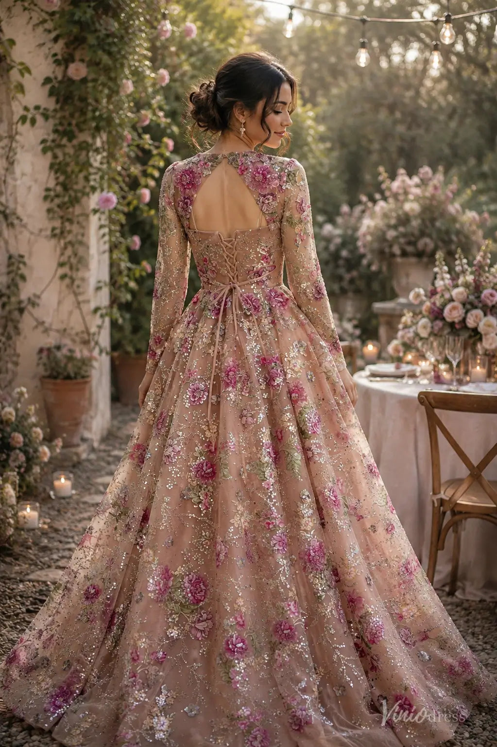 Fairy Blush Pink Floral Wedding Dress with Long Sleeves, Corset Back & Bows FW310