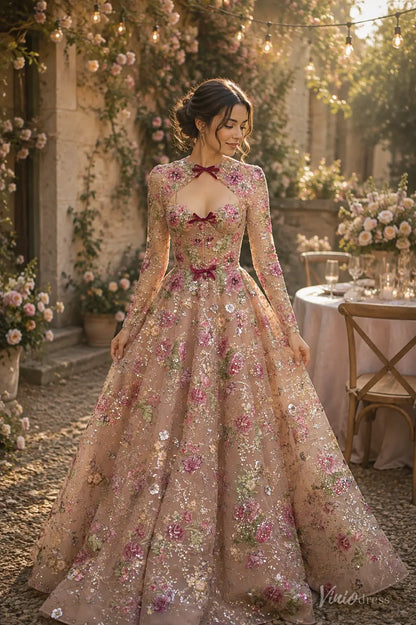 Fairy Blush Pink Floral Wedding Dress with Long Sleeves, Corset Back & Bows FW310