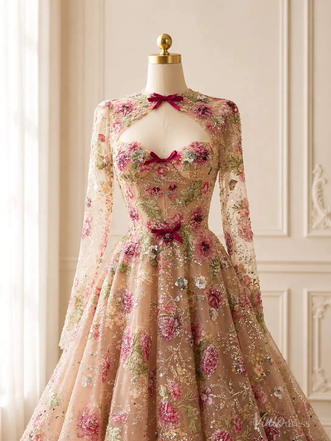 Fairy Blush Pink Floral Wedding Dress with Long Sleeves, Corset Back & Bows FW310