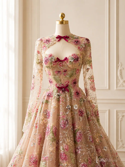 Fairy Blush Pink Floral Wedding Dress with Long Sleeves, Corset Back & Bows FW310