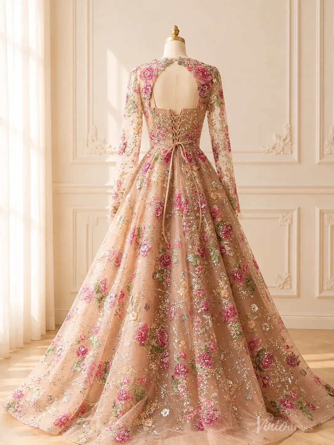 Fairy Blush Pink Floral Wedding Dress with Long Sleeves, Corset Back & Bows FW310