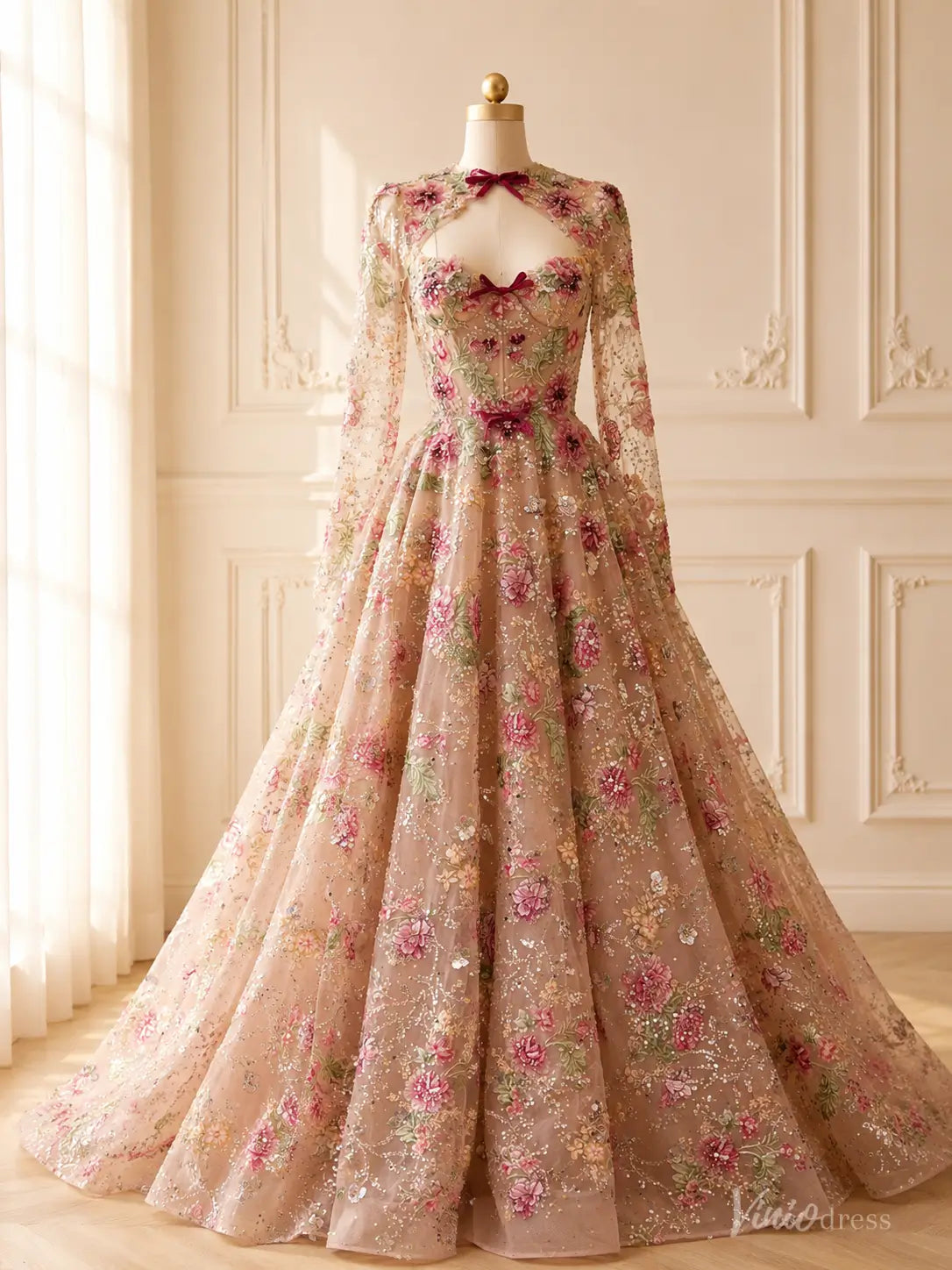 Fairy Blush Pink Floral Wedding Dress with Long Sleeves, Corset Back & Bows FW310
