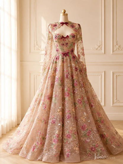 Fairy Blush Pink Floral Wedding Dress with Long Sleeves, Corset Back & Bows FW310