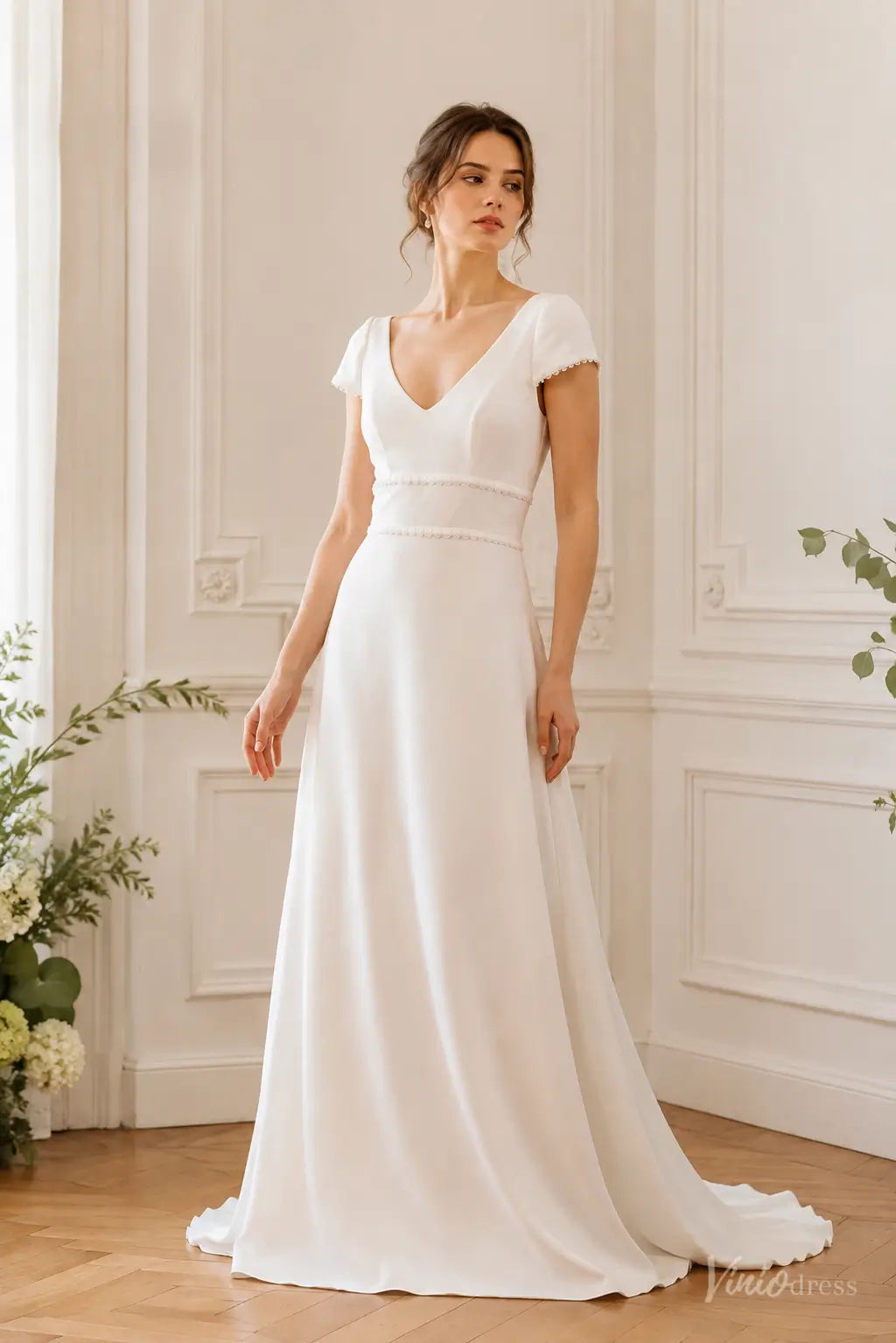 Simple A-Line Wedding Dress with Cap Sleeves, V-Neck & Floral Chapel Train FW312