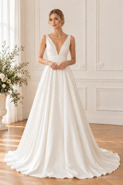 Simple A-Line Satin Wedding Dress with Black Floral Statement Train & Deep V-Neck FW318B