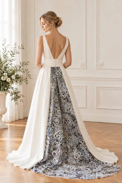 Simple A-Line Satin Wedding Dress with Black Floral Statement Train & Deep V-Neck FW318B