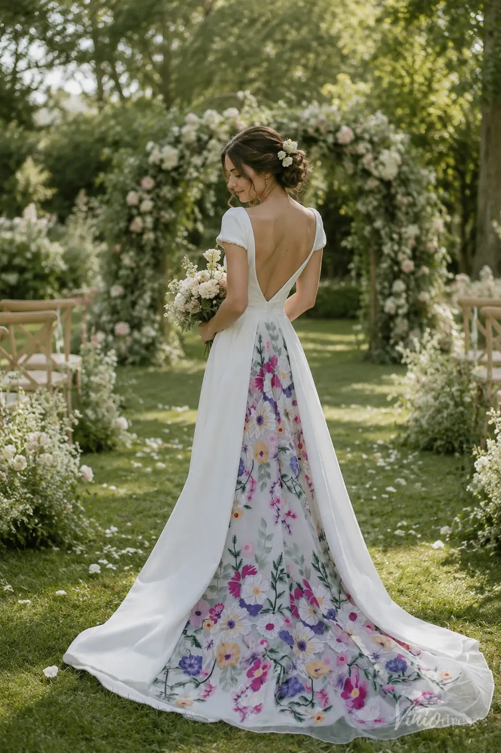Simple A-Line Wedding Dress with Cap Sleeves, V-Neck & Floral Chapel Train FW312