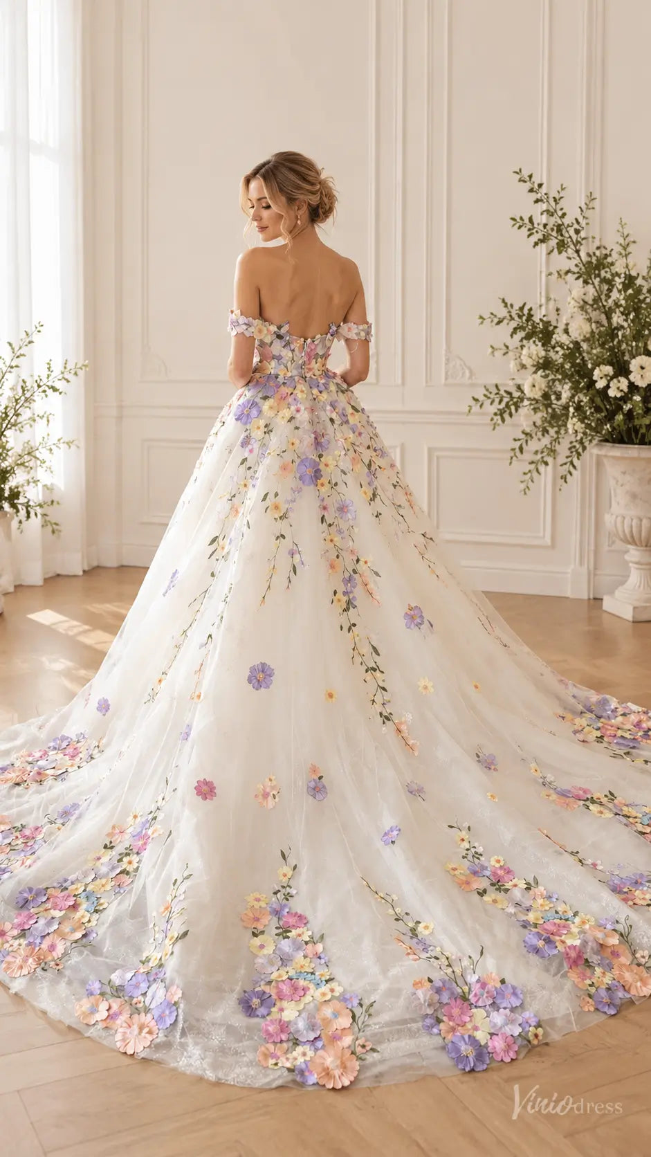 3D Floral Wedding Dresses Ball Gown with Off Shoulder Corset Bodice & Cathedral Train FW316