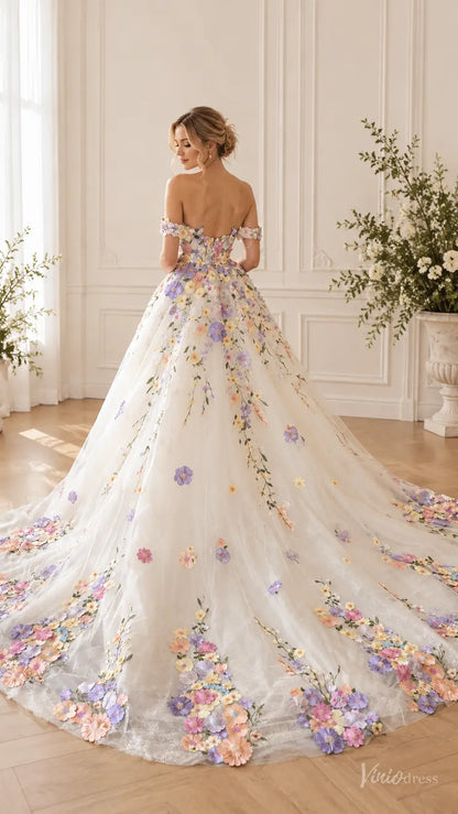 3D Floral Wedding Dresses Ball Gown with Off Shoulder Corset Bodice & Cathedral Train FW316