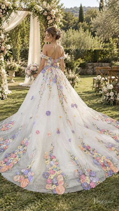 3D Floral Wedding Dresses Ball Gown with Off Shoulder Corset Bodice & Cathedral Train FW316
