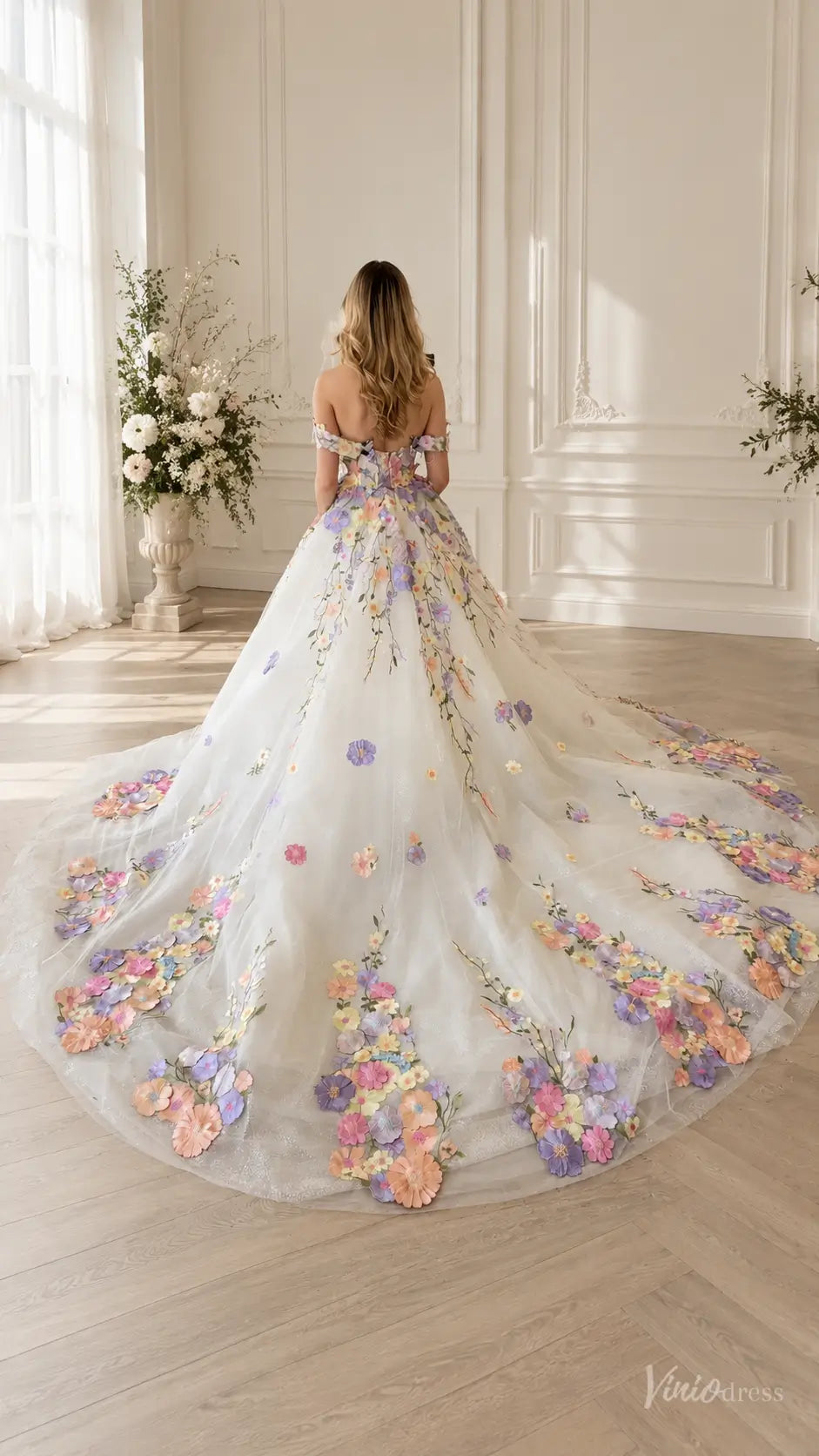 3D Floral Wedding Dresses Ball Gown with Off Shoulder Corset Bodice & Cathedral Train FW316