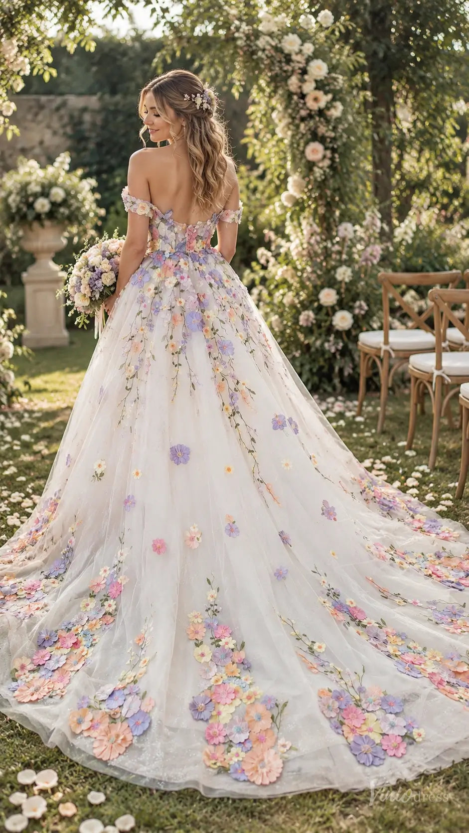 3D Floral Wedding Dresses Ball Gown with Off Shoulder Corset Bodice & Cathedral Train FW316