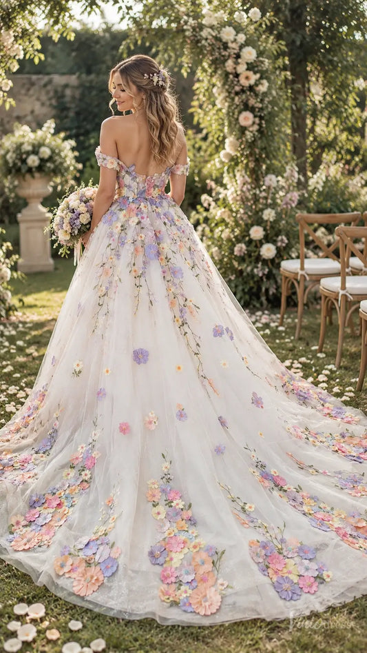 3D Floral Wedding Dresses Ball Gown with Off Shoulder Corset Bodice & Cathedral Train FW316