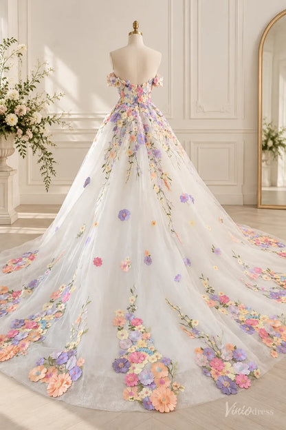 3D Floral Wedding Dresses Ball Gown with Off Shoulder Corset Bodice & Cathedral Train FW316