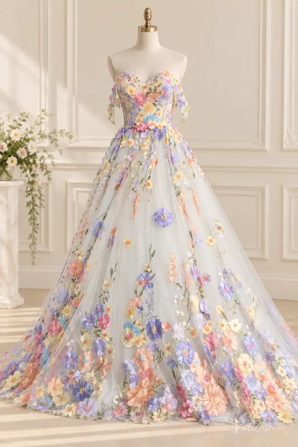 3D Floral Wedding Dresses Ball Gown with Off Shoulder Corset Bodice & Cathedral Train FW316