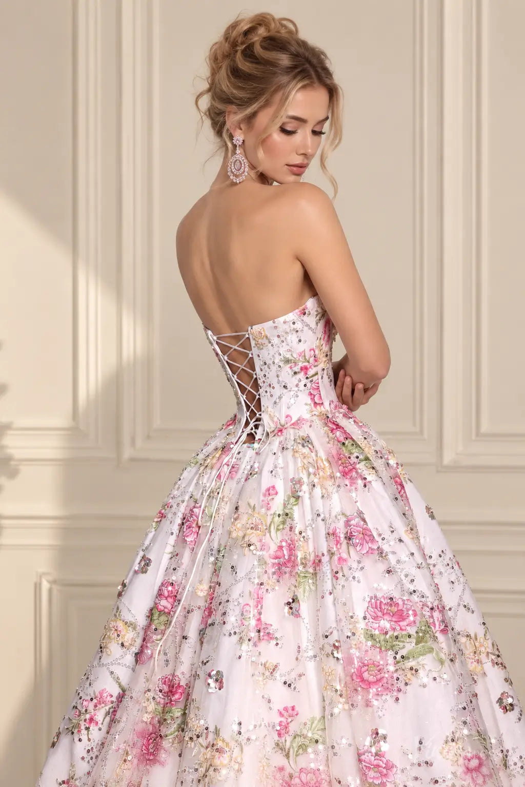 Pink Floral Wedding Dress with Sparkly Sequins, Strapless Corset & Ball Gown Skirt FW317