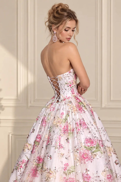 Pink Floral Wedding Dress with Sparkly Sequins, Strapless Corset & Ball Gown Skirt FW317