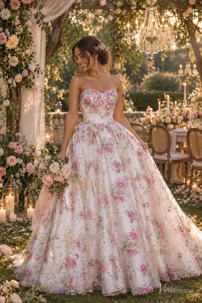 Pink Floral Wedding Dress with Sparkly Sequins, Strapless Corset & Ball Gown Skirt FW317